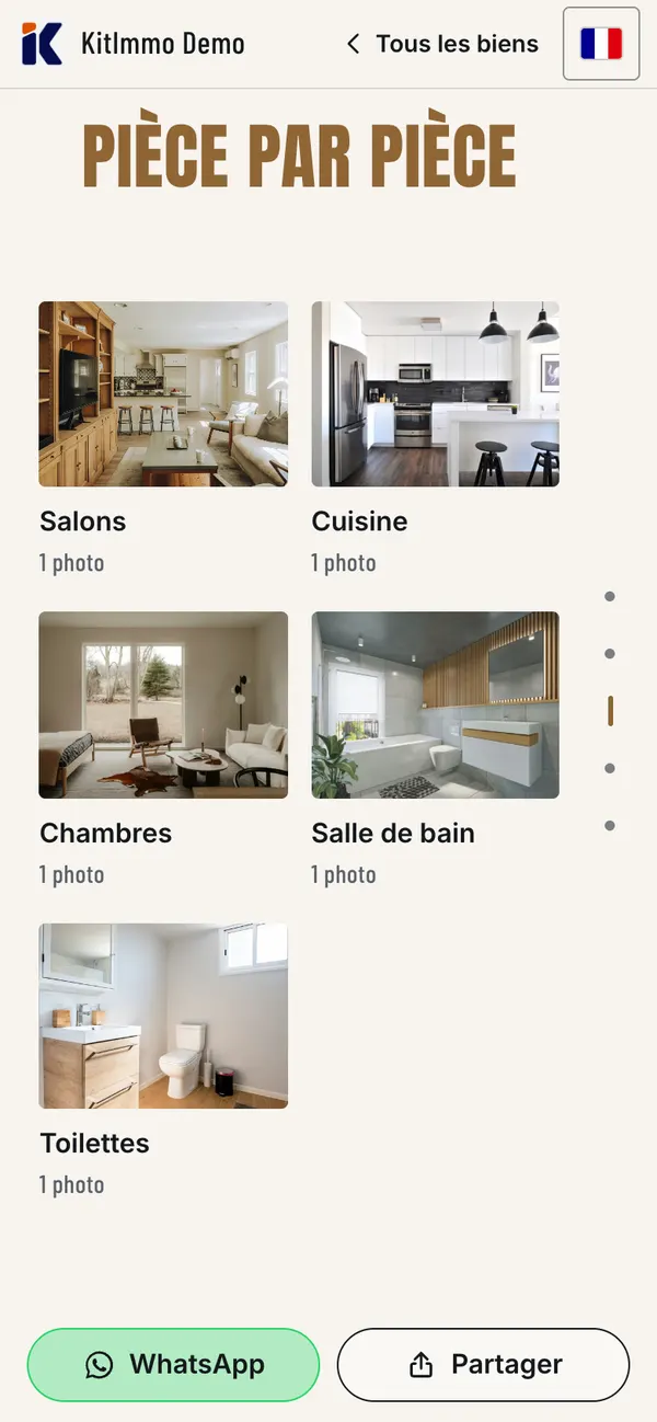 Panneau « Pièce par pièce » de la fiche de démonstration : salons, cuisine, chambres, salle de bain, toilettes